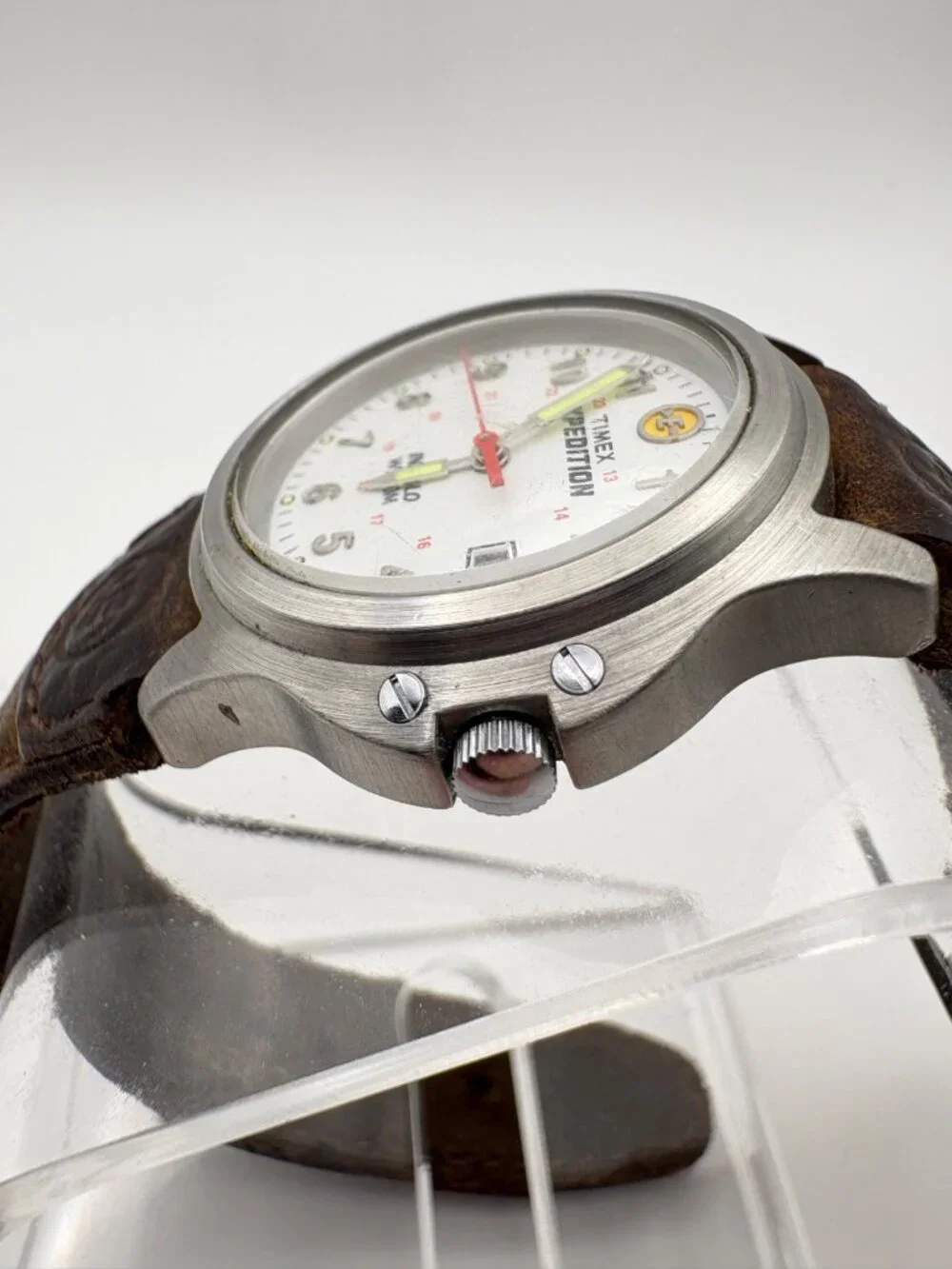 Timex Expedition Indiglo Mens Watch White Dial Leather Strap WR 50M Date Working